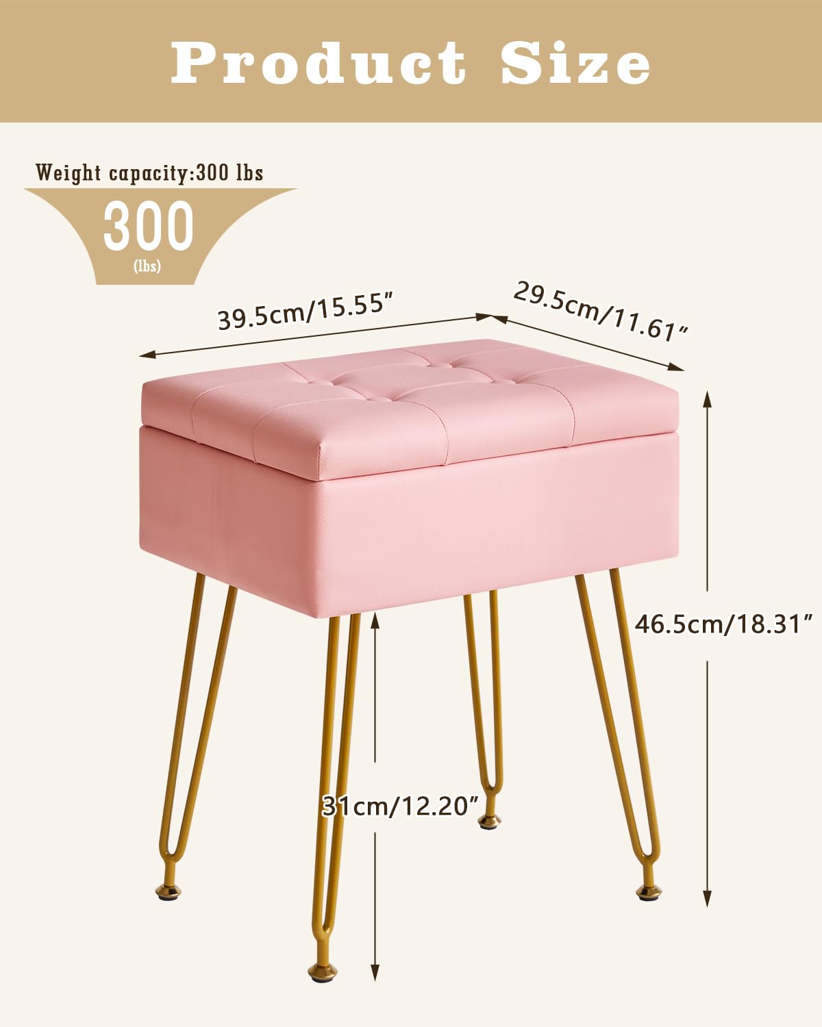 IBUYKE Multifunzionale Stoccaggio Vanity Sgabello con Flip Table, Gambe in Metallo Regolabili & Pelle PU - 40x30x48cm Poggiapiedi ottomano per Trucco, Soggiorno, Ingresso Rosa WBD014P
