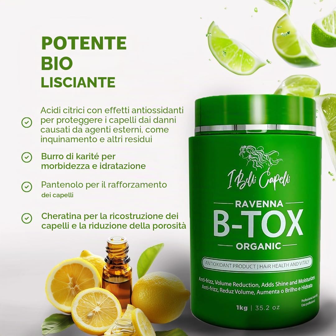 I Belli Capelli Ravenna Organic Hair B-tox, trattamento anti-crespo, senza formaldeide, lisciante per capelli, 35.2 oz / 1 kg | Formula delicata della linea · Odore basso · Idratazione profonda