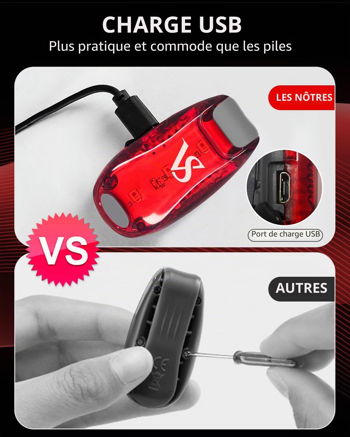 VICKSONGS Cartable à 2 LED Clignotantes - Rechargeable par USB - Pendentif LED - Lumière Clignotante pour vélo, Casque, Cartable - Lumière de sécurité