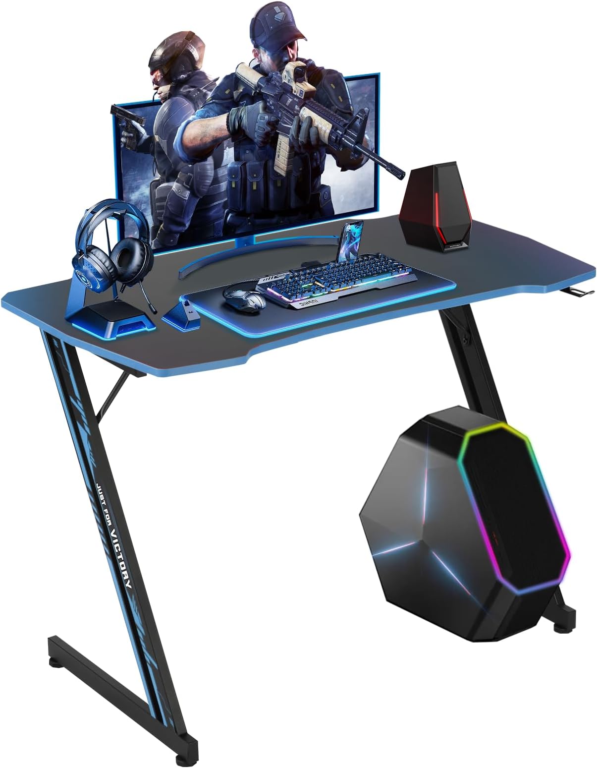Dkelincs Gaming Desk 39.4 inch Z-Shaped Computer Desk PC Computer Table Home Office Desk Ergonomic Gamer Workstation with Headphone Hook, Blue