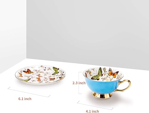 Miniatura 2 de LURRIER Taza de café con platillo para Latte, té capuchino con mariposas de porcelana fina de 6.8 onzas, apta para lavavajillas, esmalte reactivo, 1
