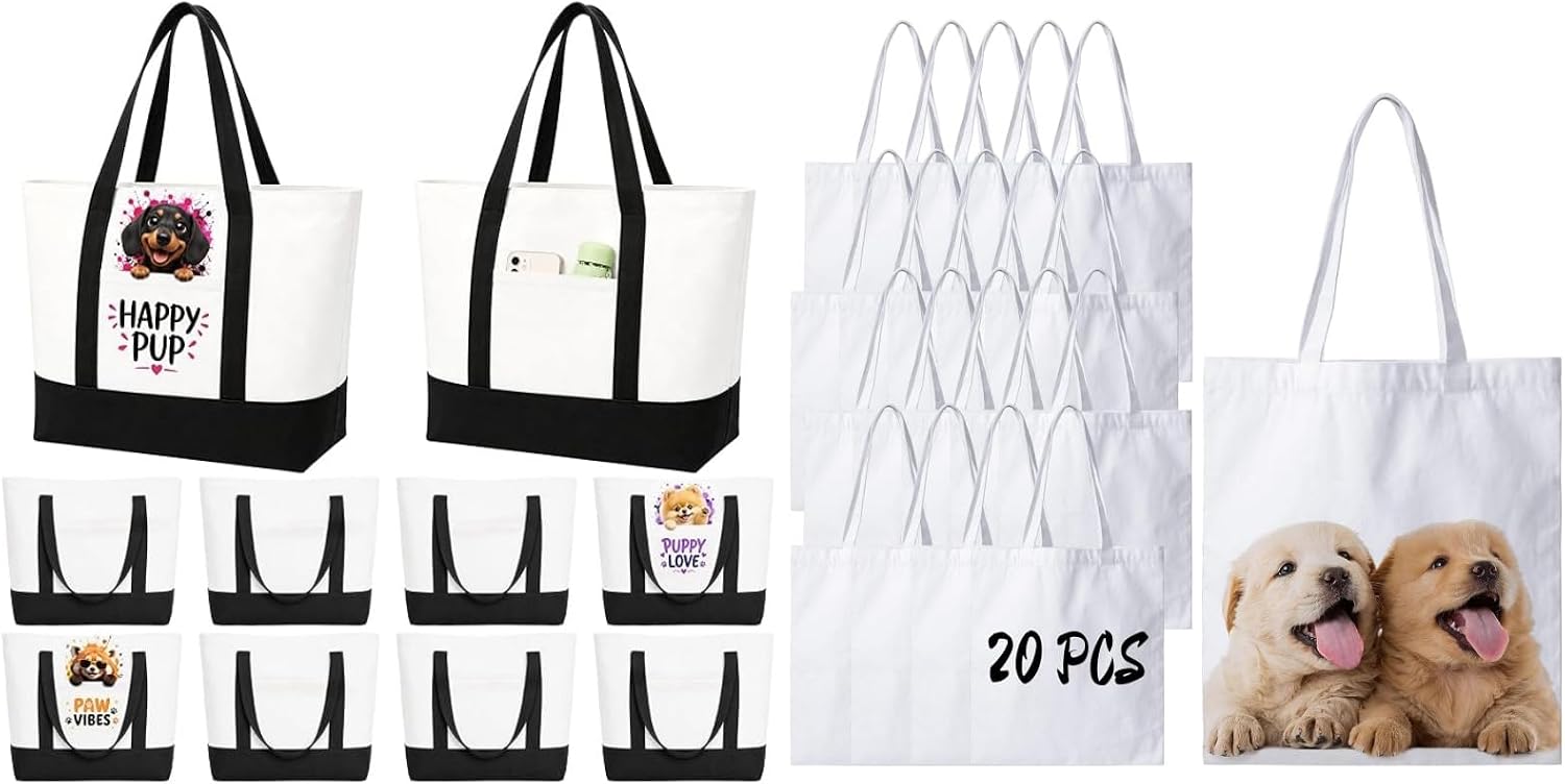 Joyclub Bundle of 10 PCS Large Canvas Tote Bags Bulk with Front Pocket 18.5 x 15 in and 20 Pack Canvas Tote Bags White Polyester Sublimation Blanks