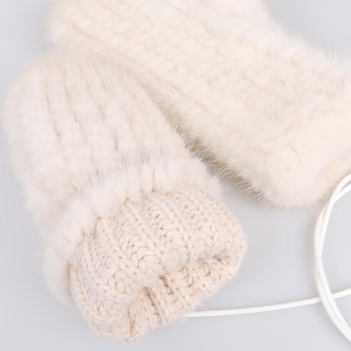 Genuine Mink Fur Knitted Mittens, Soft Winter Cold Weather Gloves with Removable Rope String