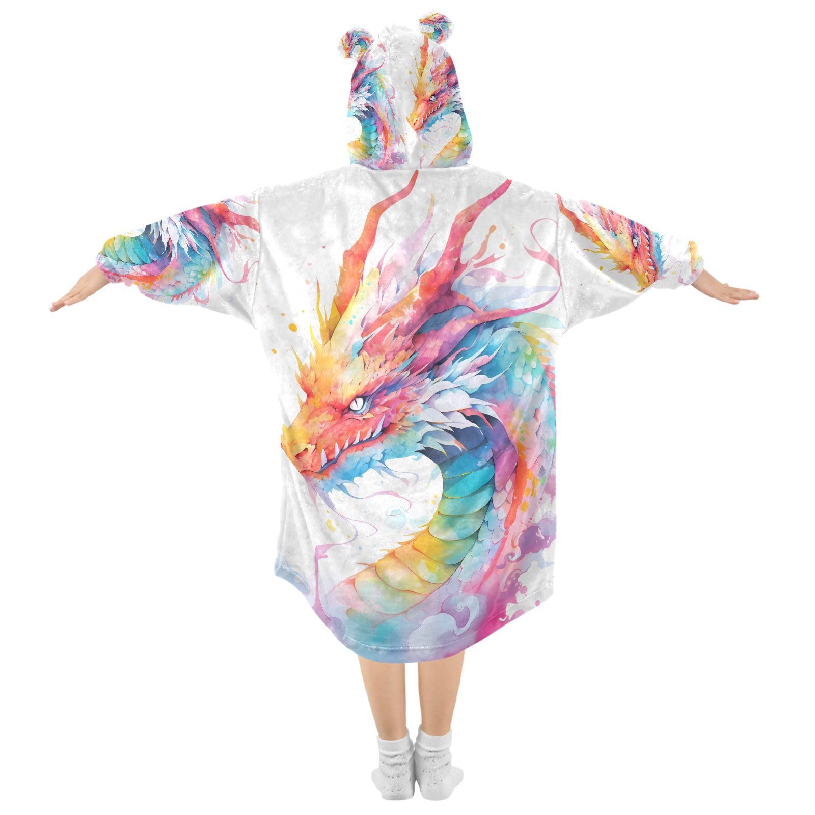 Wearable Blanket Hoodie for Kids Watercolor Dragon Flannel Sherpa Pocket Oversized 11-14 YR Boys Girls