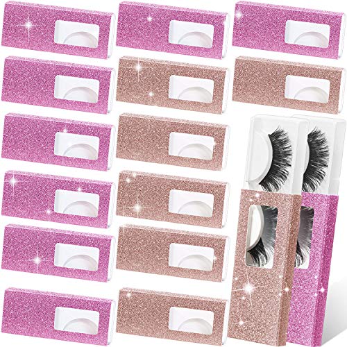 60 Sets False Eyelash Packaging Case Lash Storage Box, Empty False Eyelash Care Storage Case Makeup Organizer Container Holder Lash Glitter Paper Small Boxes 22 mm (Pink and Champagne)