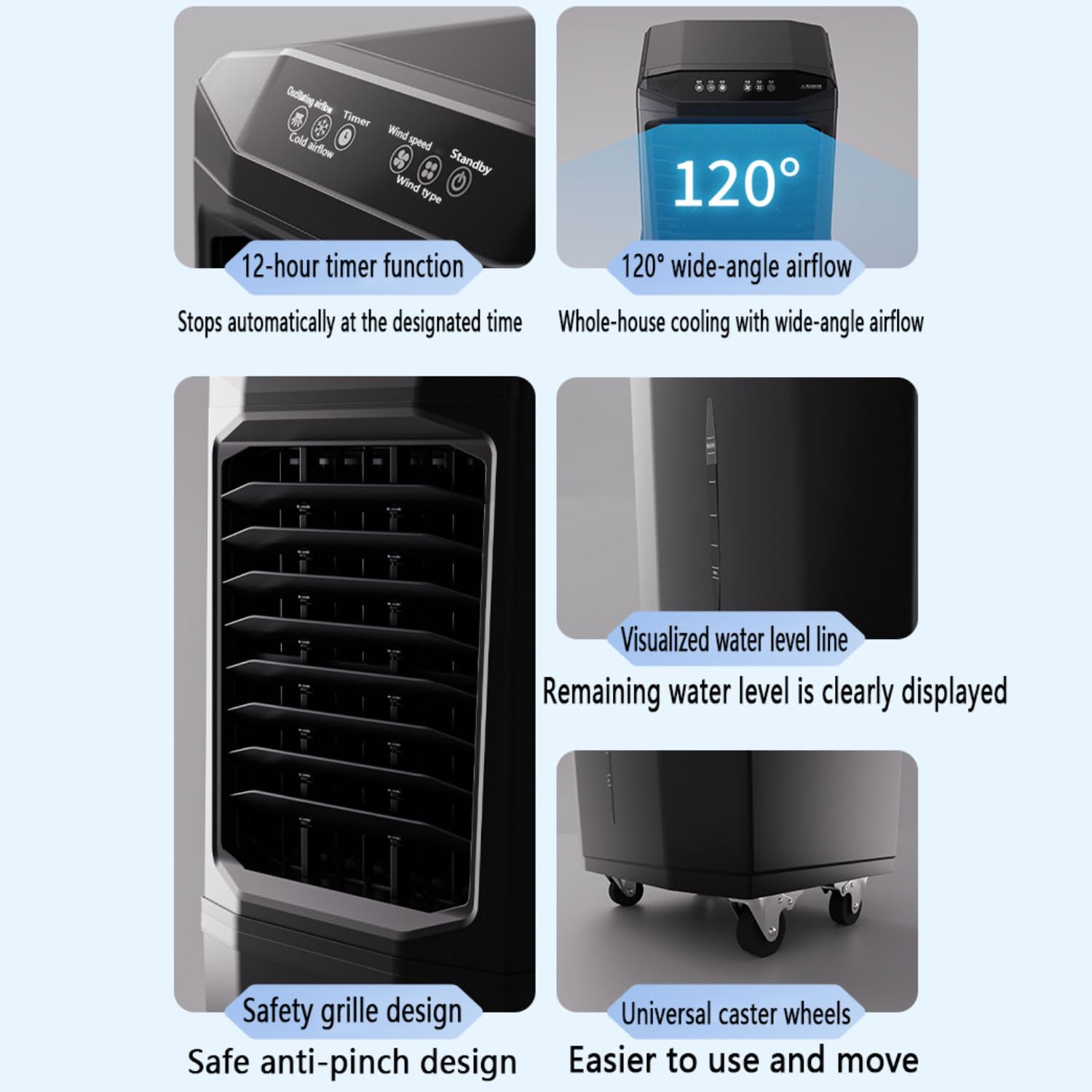 Przenośna klimatyzacja,Przenośny klimatyzator, wentylator chłodzący powietrze parownikiem z 3 prędkościami i oscylacją 120°, cichy wentylator chłodzący o natężeniu 35 dB, oszczędzający miejs