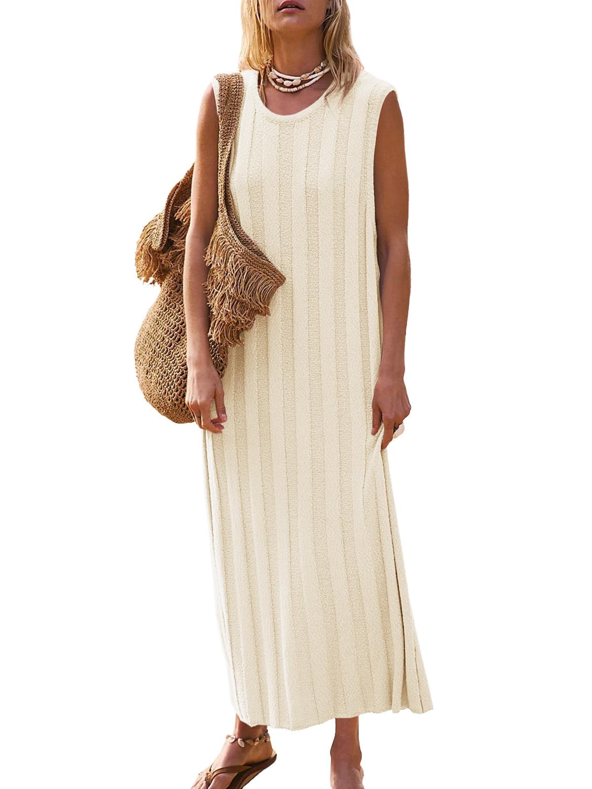 Fisoew Women's Summer Dress, Sleeveless Beach Dresses, Maxi Dress, Crew Neck, Ribbed Knitted Long Tank Top Dresses