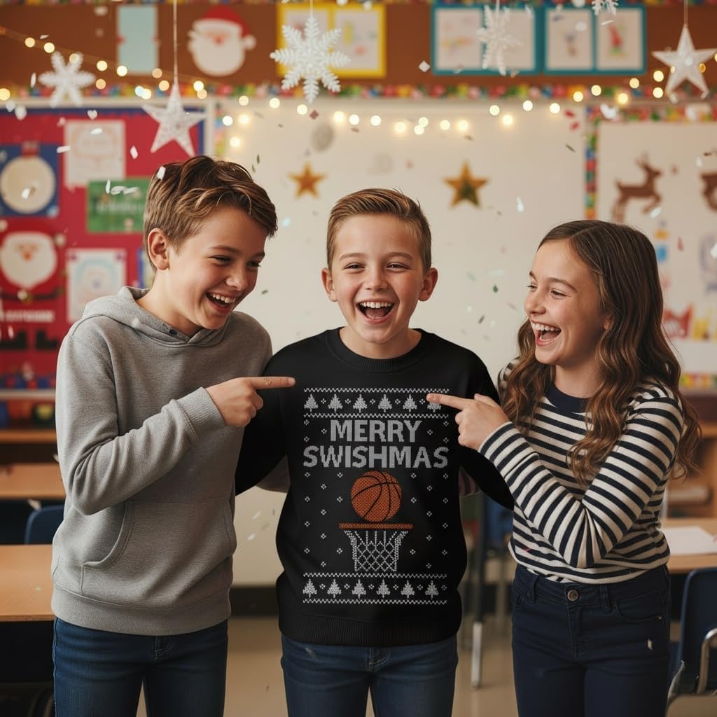 Tstars Merry Swishmas Basketball Ugly Christmas Sweatshirt Kids Youth
