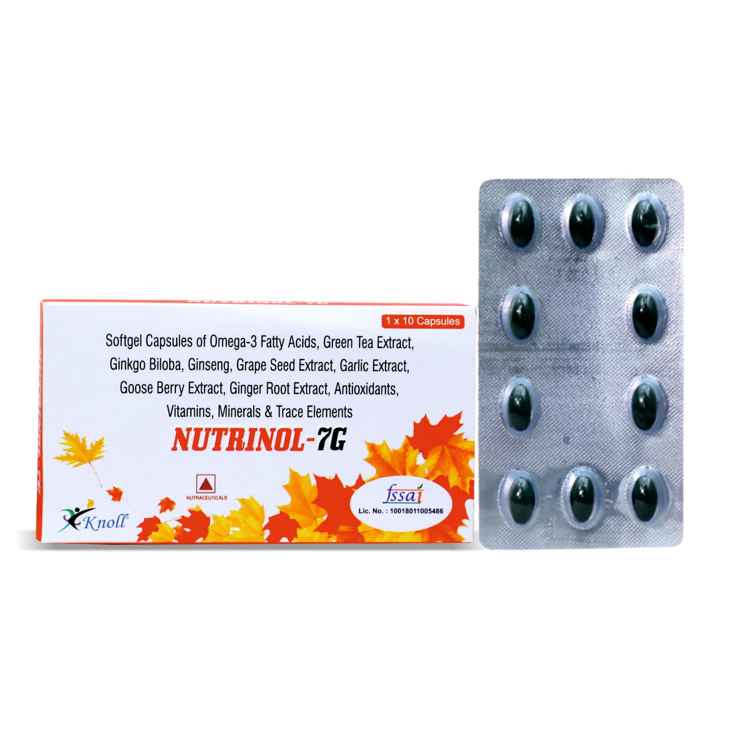 Knoll Healthcare Nutrinol 7G Multivitamin Capsules Omega 3 Fatty Acid (Fish Oil) Zinc Vitamin B1 K D EPA (90mg) DHA (60mg) 10 Capsules + 100 Ingredients (Pack of 1)