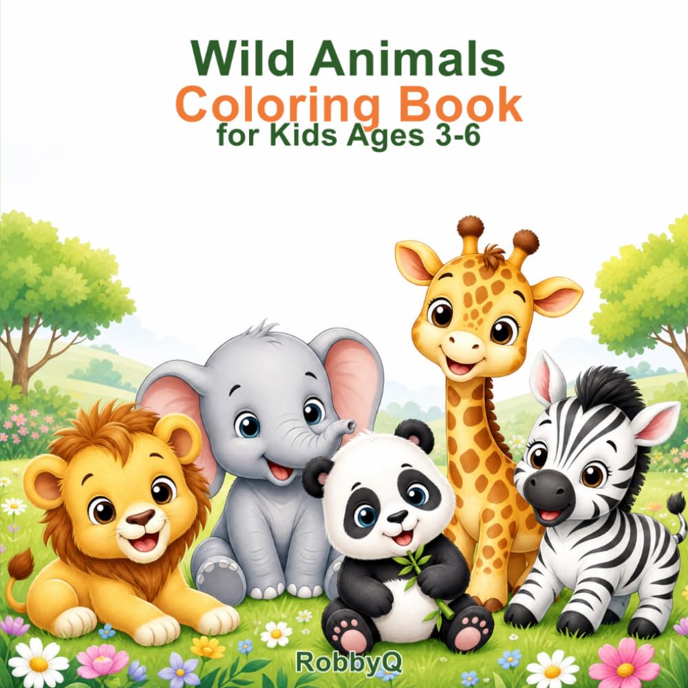 Wild Animals Coloring Book: Cute and Easy Wild Animal Coloring Pages for Kids Ages 3-6 (Baby Animals Coloring Books)