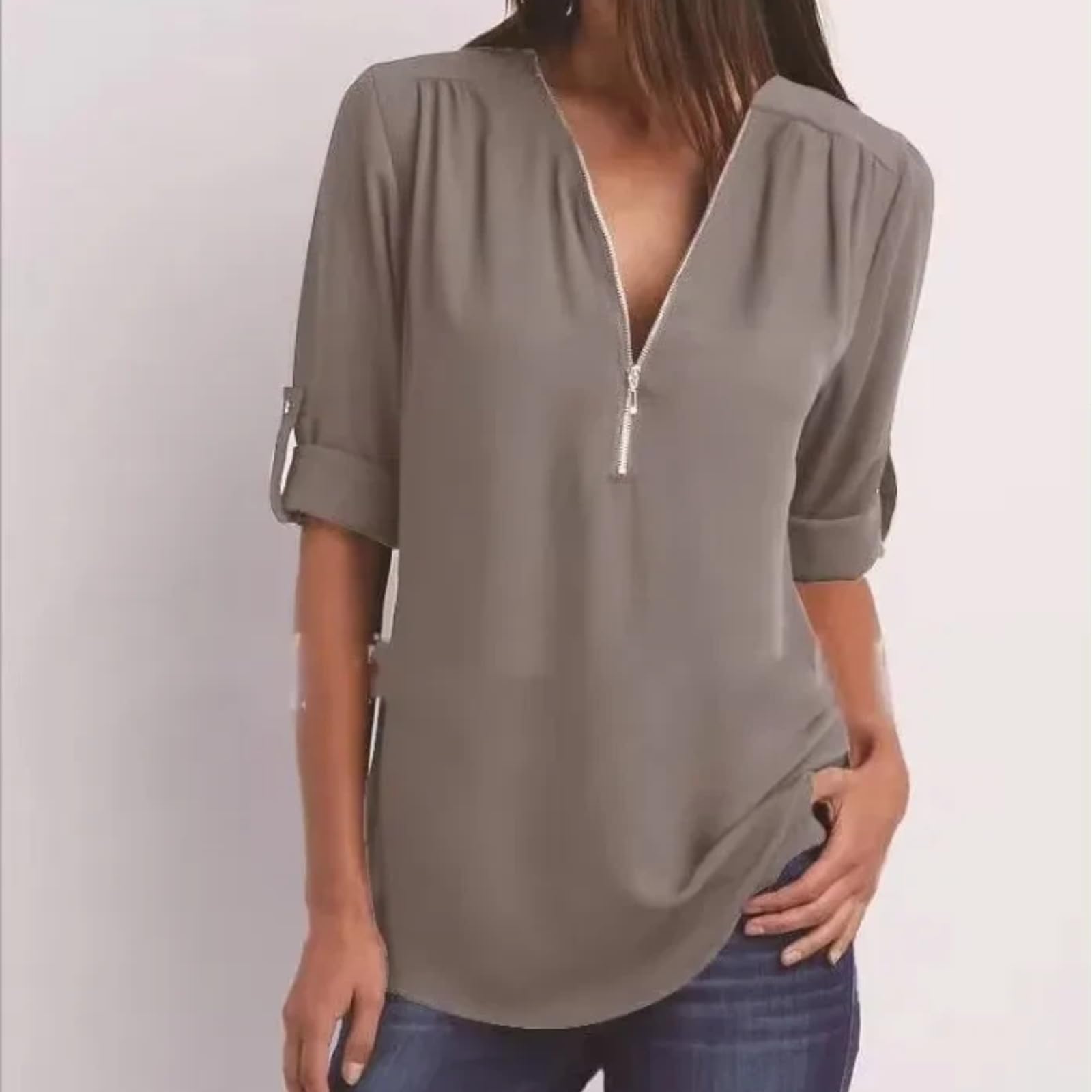 Blusa Mujer Cuello V Gasa con Cremallera Corte Holgado