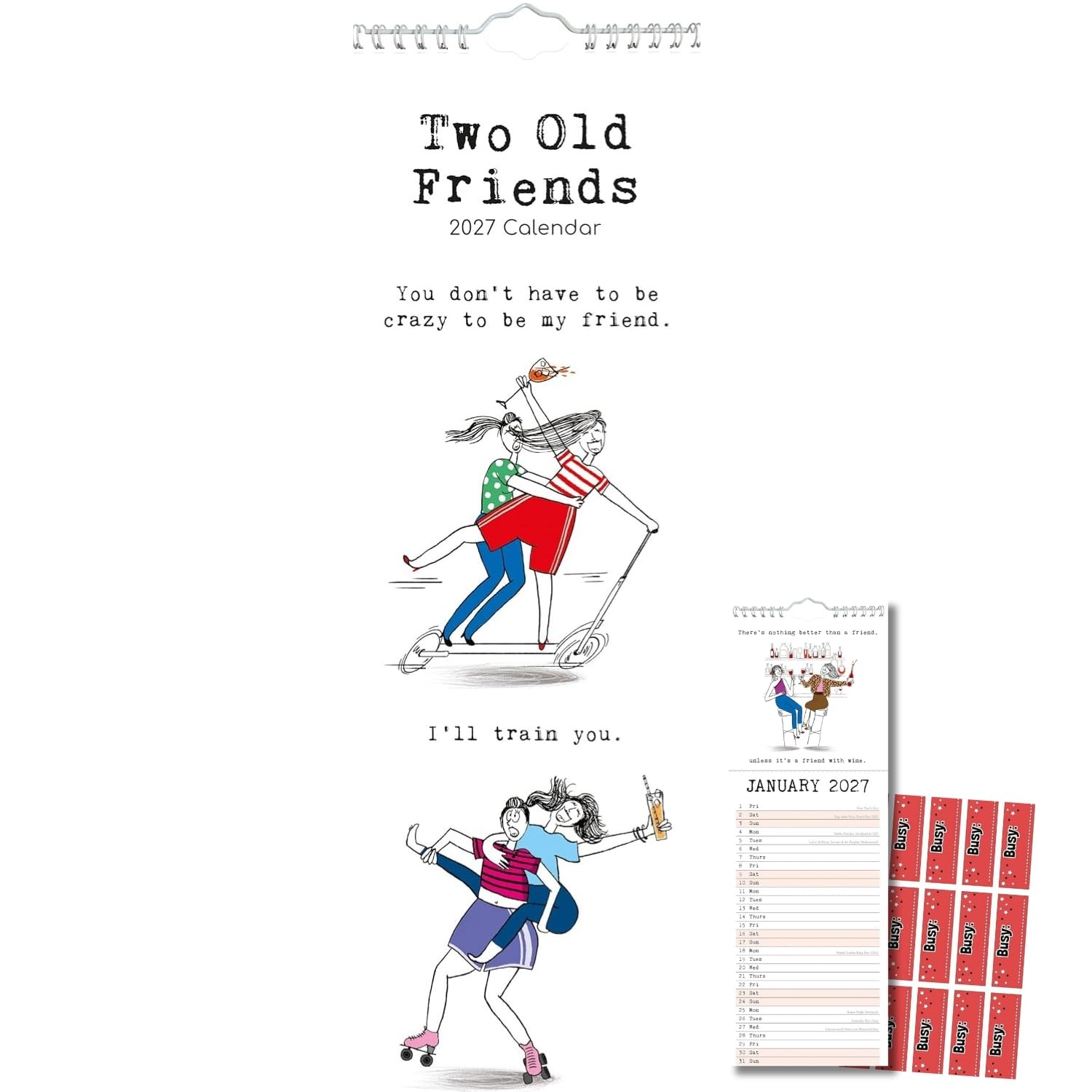 TGSC | Two Old Friends 2027 Slimline Calendar with Planning Stickers, (Jan–Dec 2027) Planner with UK Holidays, Fun Gift Idea, For Home, Office, Kitchen, 42 x 15 cm