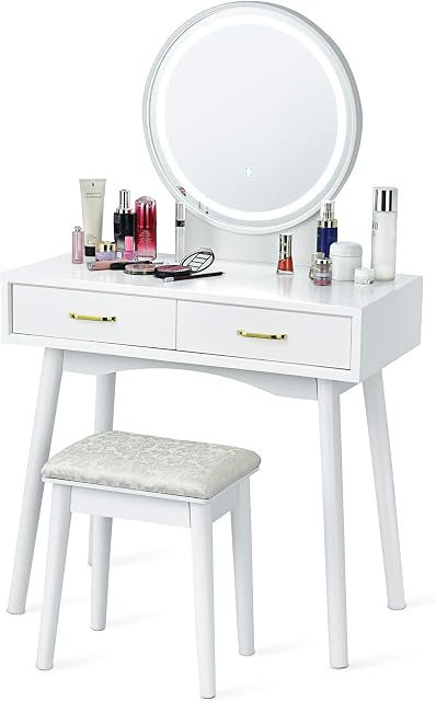 COSTWAY Dressing Table Set with 3-Color Adjustable LED Lights Mirror, Wooden Detachable Makeup Vanity Table Stool Set, Home Bedroom Furniture Cosmetics Dresser Gift (White, 2 Drawers)