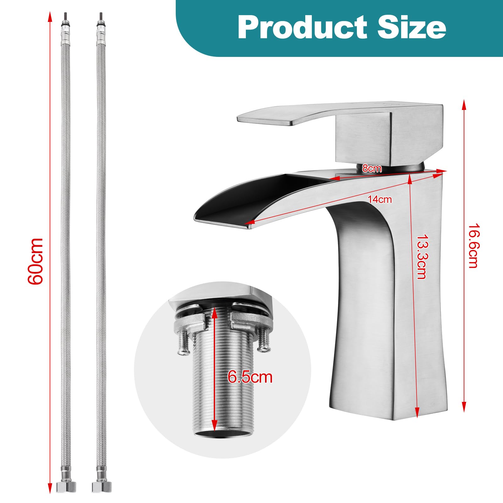 Bathroom Sink Mixer Taps, Waterfall Taps for Bathroom Sink Square Modern Cloakroom Faucet - Image 4