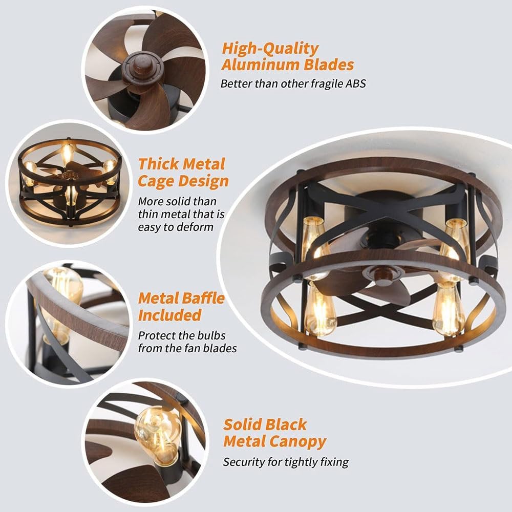 Detailed view of FoRes ceiling fan components: aluminum blades, metal cage, metal baffle, solid black metal canopy