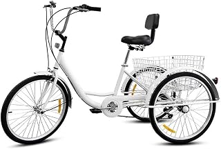 HUAXING - Triciclo adulto, bicicletas de 7 velocidades e 3 rodas, bicicleta cruiser de 24 polegadas, estrutura de aço de alto carbono com cesto grande e encosto de assento para recreação, compras, cic