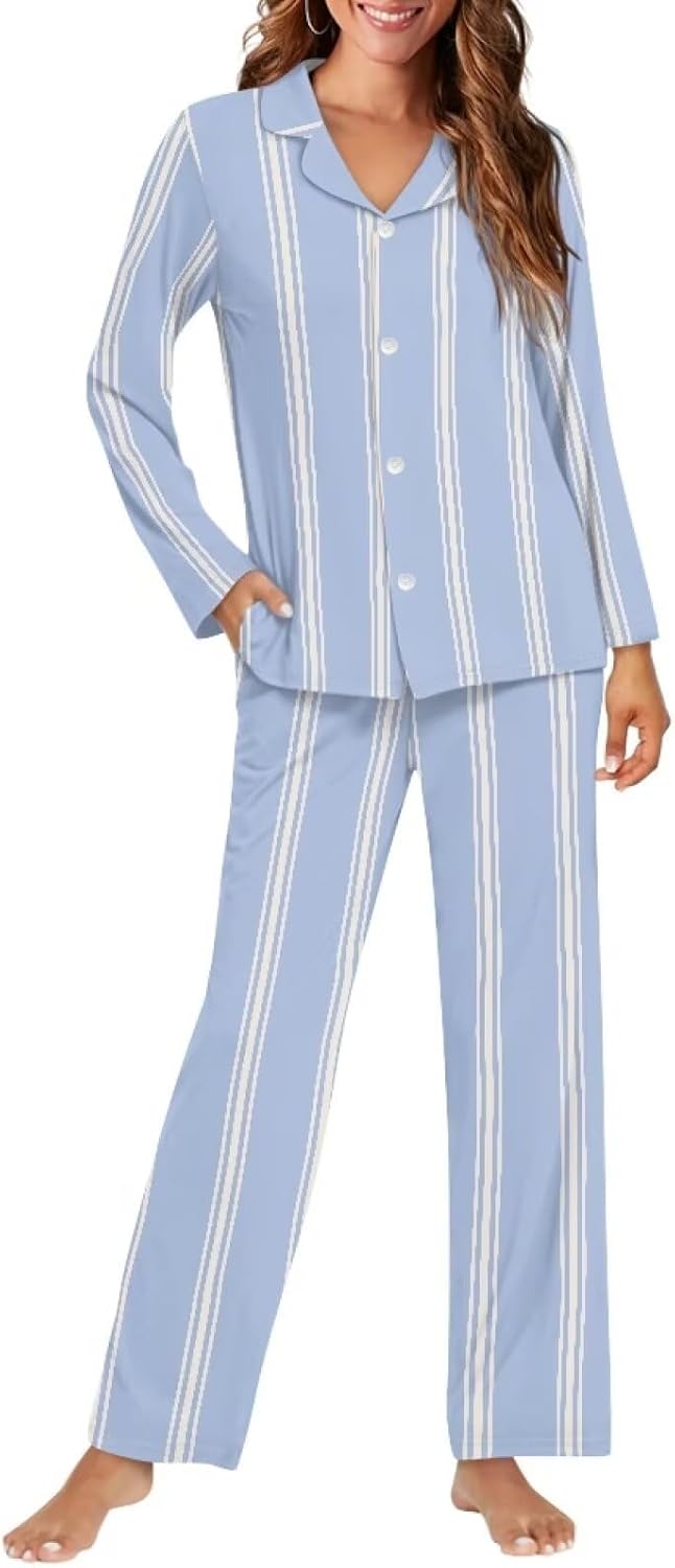 Matching Couples Pajamas Women and Men Nightgowns and Sleepshirts Two Piece Set Long-Sleeved Casual with Pockets