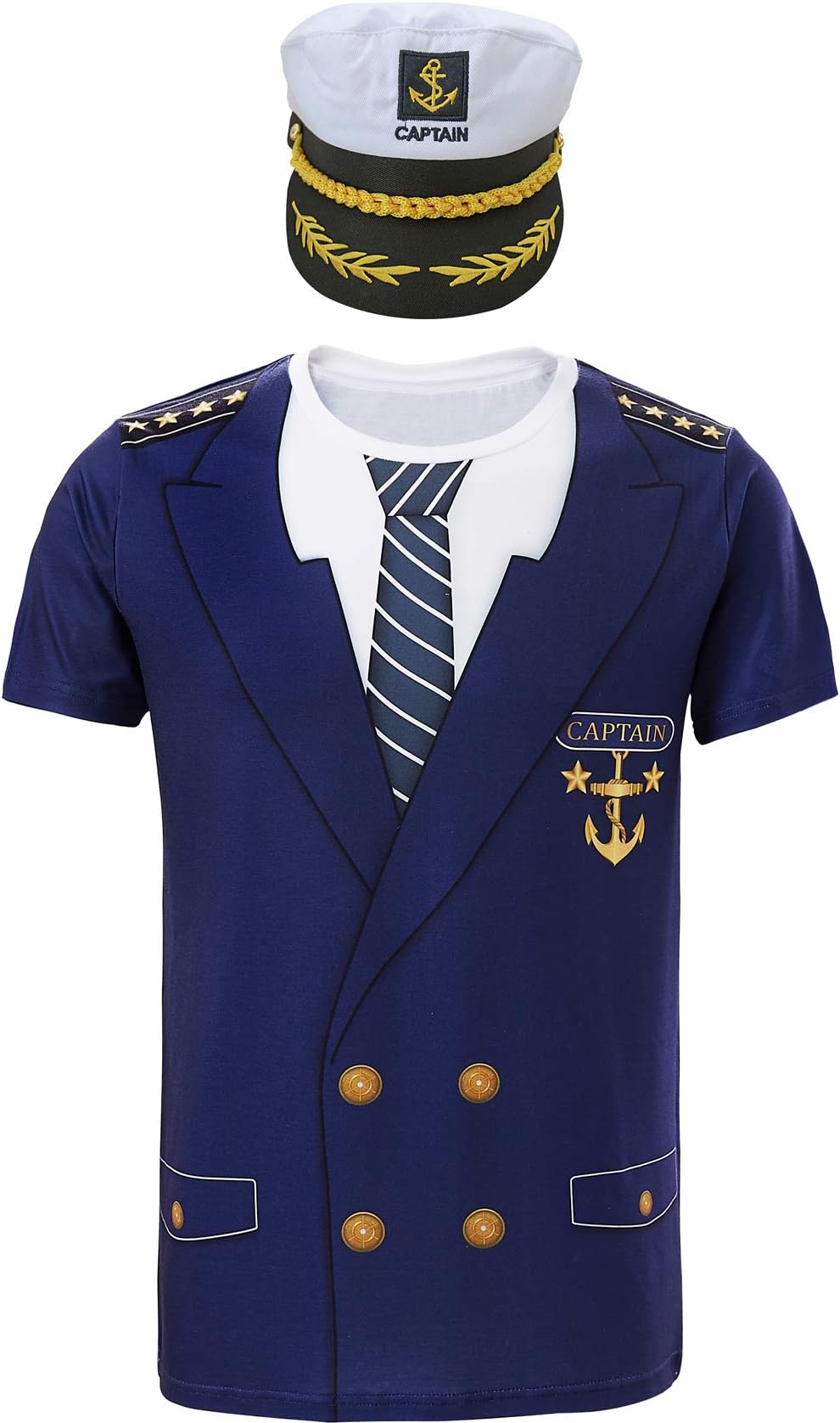 COSAVOROCK Men's Captain Costume T-Shirts with Hat (M, Navy Blue)