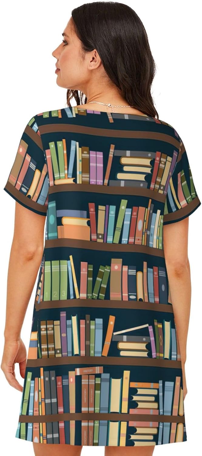 Cartoon Bookshelf Bookworm Print Soft Women'S Sleepwear,Comfy Short Sleeve Nightgown, Perfect For Relaxing Sleeping