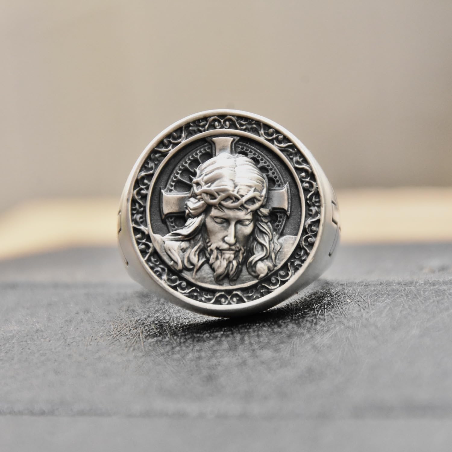 Jésus Christ Bague En Argent Sterling 925 Croix Dieu Tête Bijoux Religieux À La Main Biker Silverzone77