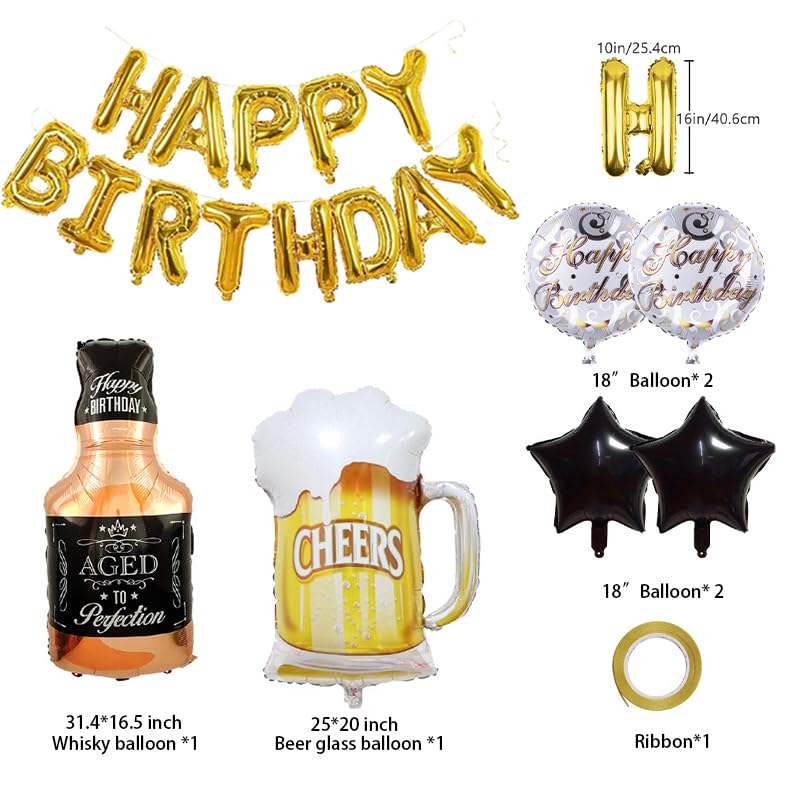 Image of Beer Cup Balloons Whiskey Bottle Beer Mug Shape Black Happy Birthday Mylar Foil Balloon 16 Inch Summer Party, Birthday Party Decorations for Women and Men (Gold Balloons)