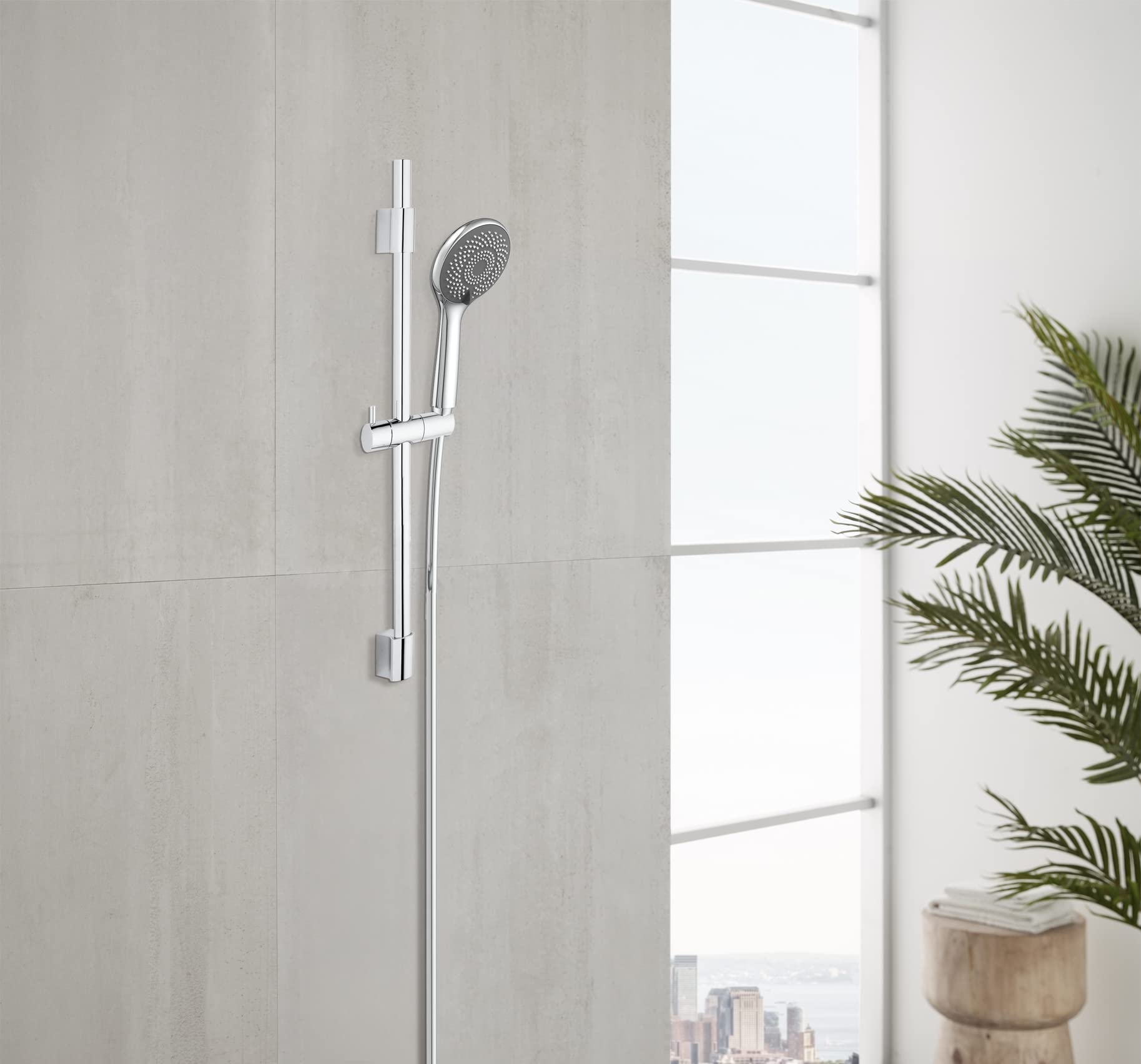 WENKO Set de ducha Watersaving, barra de ducha de acero inoxidable, cabezal con 3 tipos de chorro y flexo de ducha, apto para calentadores de agua, conexión universal de ½", 70 cm, cromado
