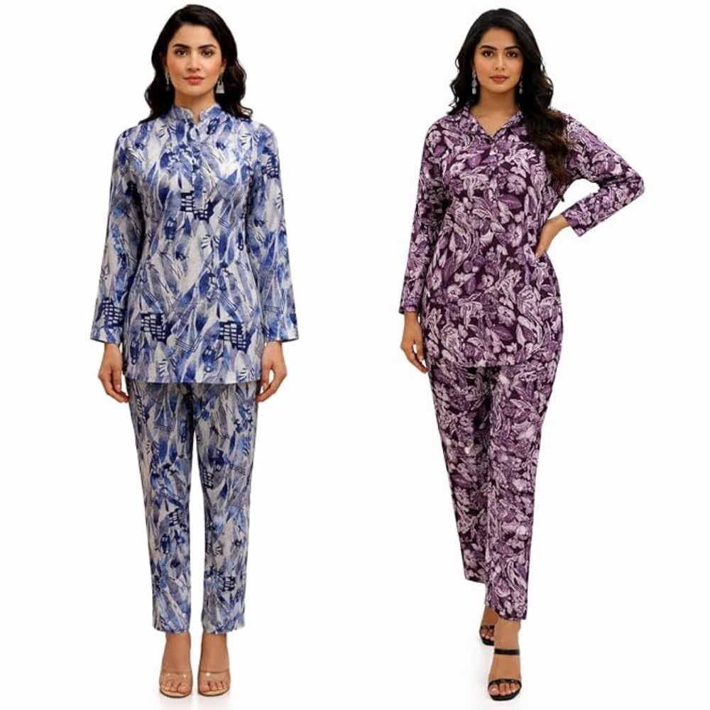 Women Multicolor Floral Printed Co-ord Set Combo | Top & Pant 2 Piece Set | Casual Smart Wear | Western Modern Matching Outfit | Comfortable Regular Fit For Women-picture-54