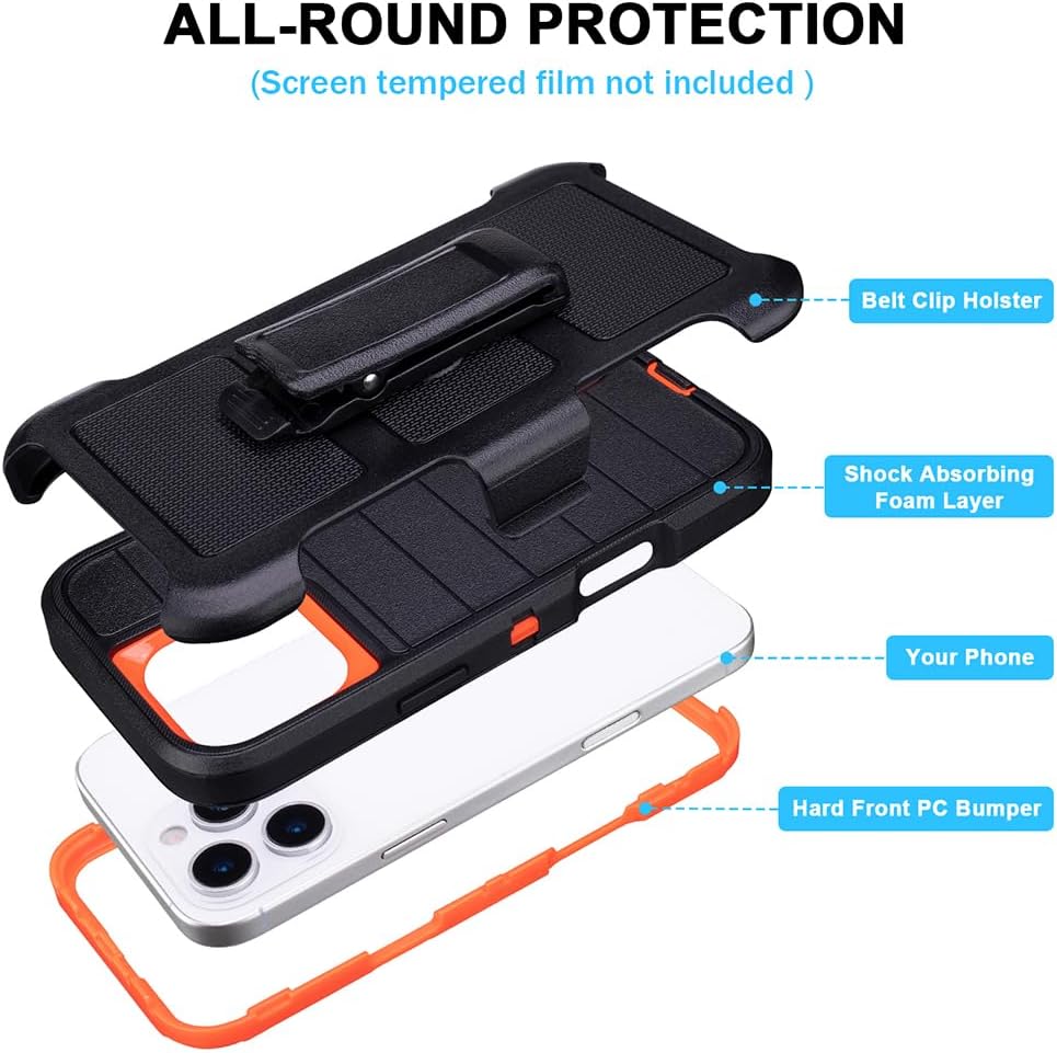 for Black iPhone 16 Pro Max Phone Case with Belt Clip Heavy Duty Holster ShockProof Cases,3 Layers of Sturdy,Military Grade Protective Cases for iPhone 16 Pro Max Case with Clip (Black+Orange) - Image 6