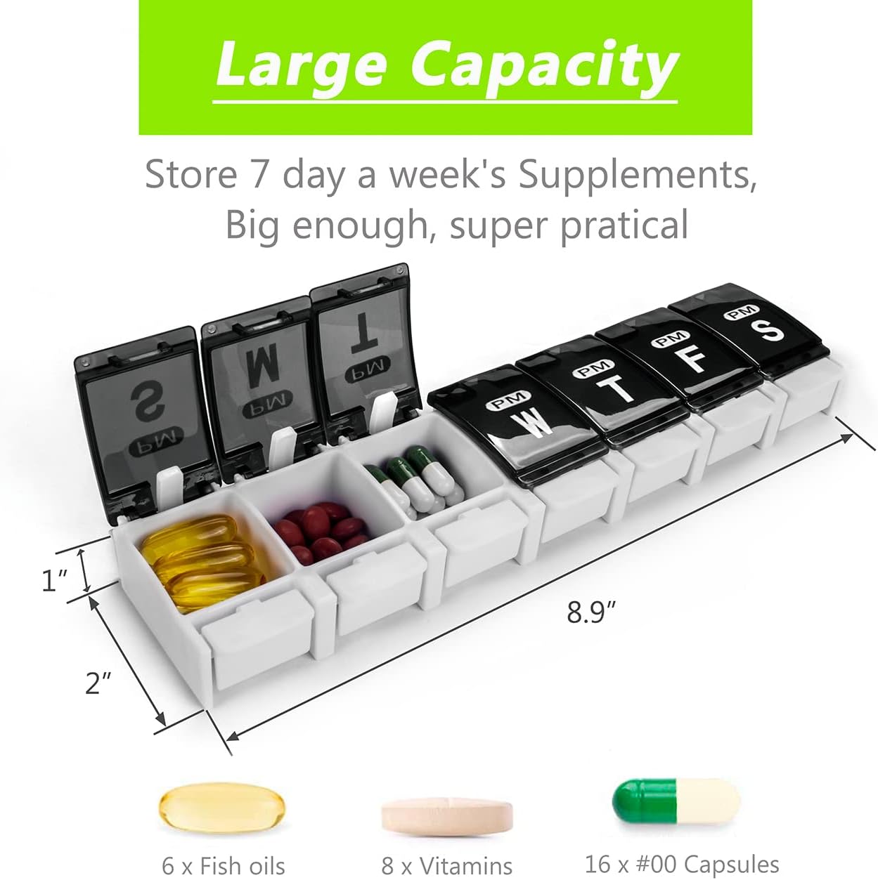 Weekly Pill Organizer 2 Times a Day - Remtise Am/Pm Daily Pill Case Medicine Organizer, Push Button 7 Day Pill Box for Pills/Vitamin/Cod Liver Oil/Supplements (Black & White)