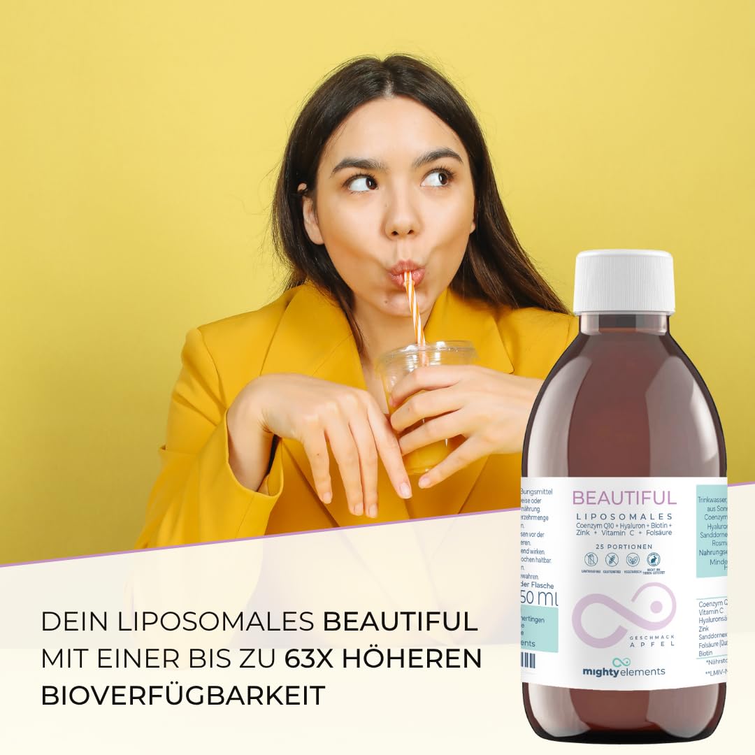 Mighty Elements Liposomales Beautiful 6in1, Vitamin C 100mg, Apfel, 250ml | Zink 15mg, Hyaluron 100mg, CoQ10 100mg, Biotin, Folat, 25 Portionen, vegan, hochdosiert