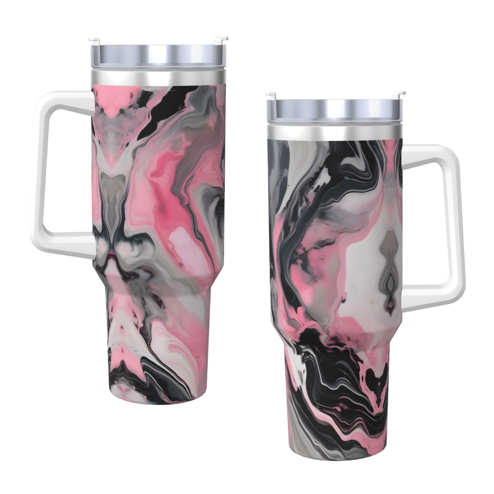 Wasserflasche aus Edelstahl, doppelwandig, isoliert, mit Griff und Strohhalm-Deckel, 1,2 l, Rosa mit abstrakter Tinte, Marmor-Grau