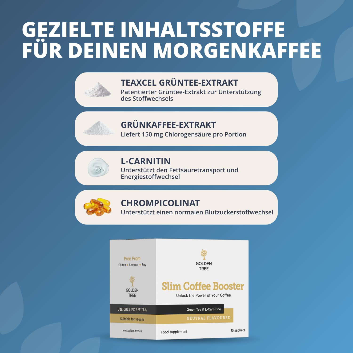 Golden Tree Slim Coffee Booster – Kaffeepulver Zusatz, 15 Sachets | Grüntee-Extrakt, Grünkaffee-Extrakt, L-Carnitin, Chrompicolinat