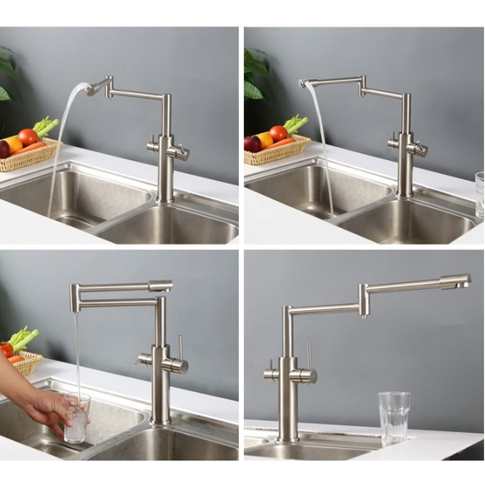 Grifo para llenar ollas, Grifo de Cocina con Agua Potable, Grifo Mezclador de latón de Doble manija para Agua fría y Caliente, Fregadero de un Solo Orificio con Junta giratoria DOB