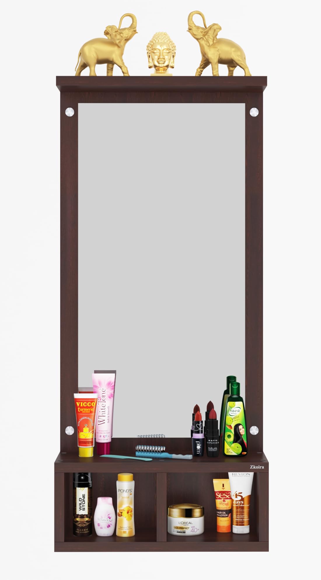 Zkoira Engineered Wood Wall Mounted Dressing Table with Mirror and Storage Shelves, Wenge Brown Finish, Engineered Wood, 80x37x14 cm I Rectangular Mirror Bedroom Living Room Stand-image-49