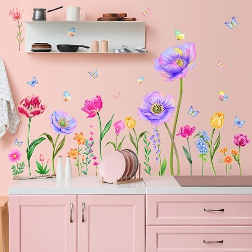 Miniatura 5 de RW-225 Calcomanías de pared de flores coloridas 3D deslumbrantes de amapola tulipán floral adhesivo de pared DIY extraíble jardín floral mariposa