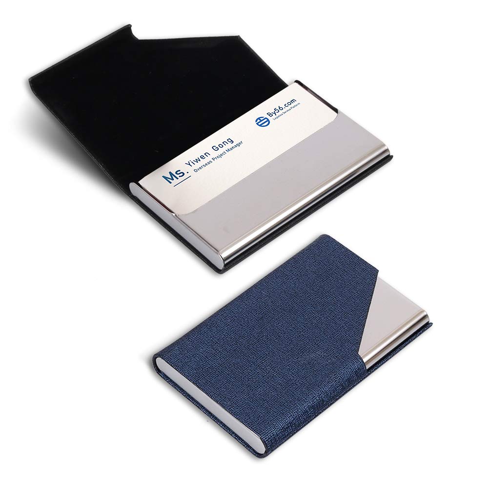 homEdge - Porta biglietti da visita, sottile, professionale, confezione da 2, in pelle di poliuretano e alloggiamento per biglietti da visita in acciaio inox, per viaggi e affari, nero e blu