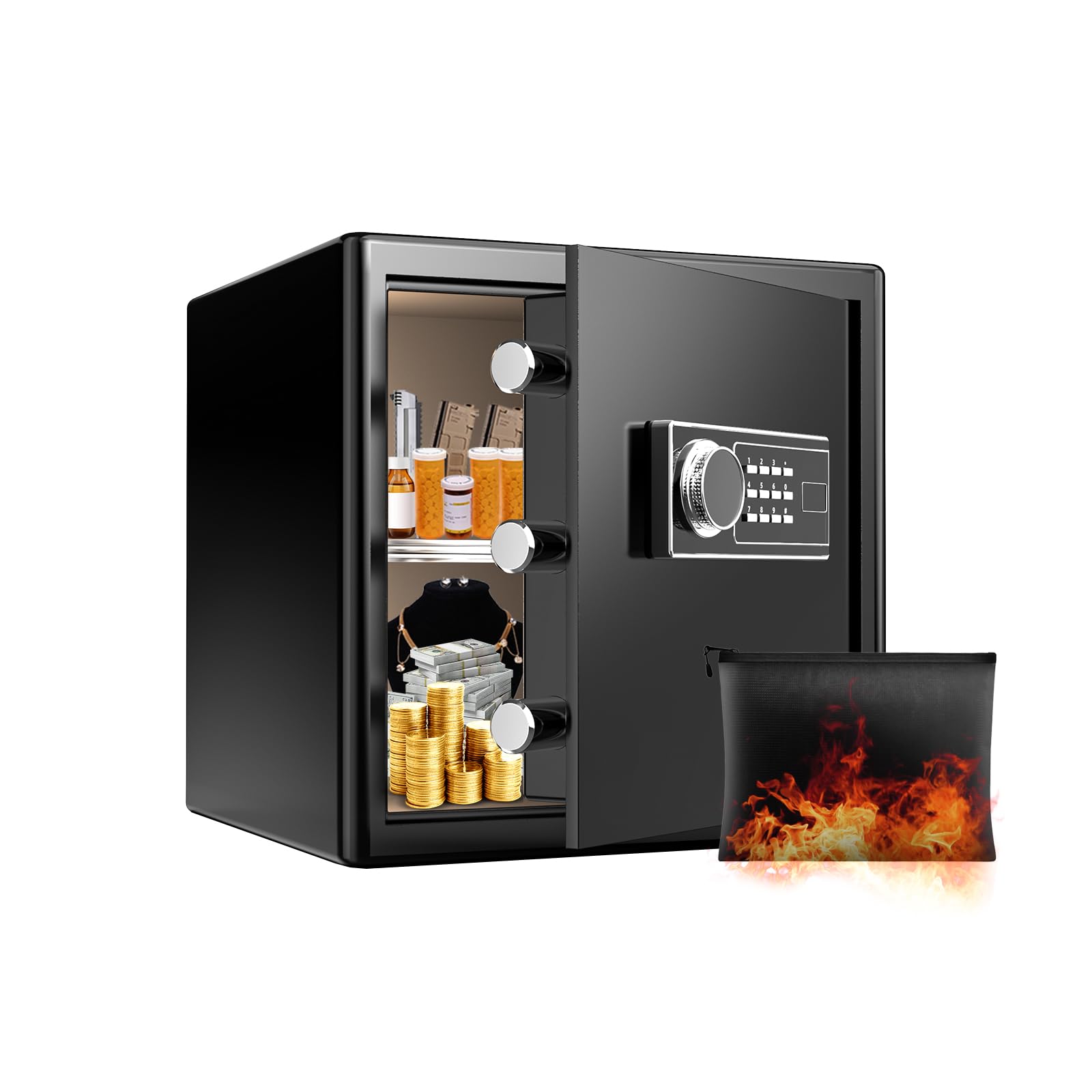 FABAO Small Home Safe with Waterproof Fireproof Bag, Removable Shelf and Electronic Keypad Lock, Cabinet Safe for Home, Office and Hotel (1.5 Cubic Feet)