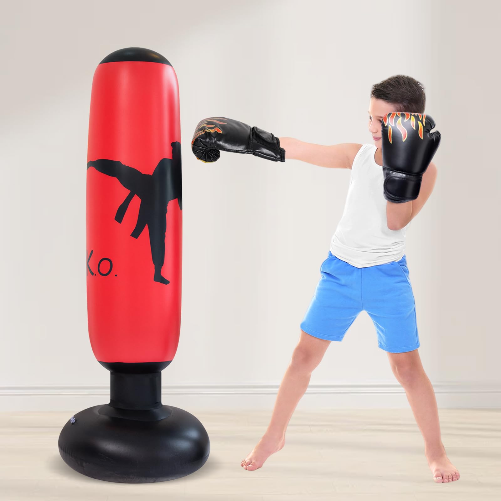 Saco de Boxeo Hinchable de 160 cm, Punchball Inflable con Guantes de Boxeo, Niños de Bolsa de Boxeo Inflable Suavidad y Comodidad, Bolsa de Standbox Inflable, Saco de Boxeo de Pie para Practicar