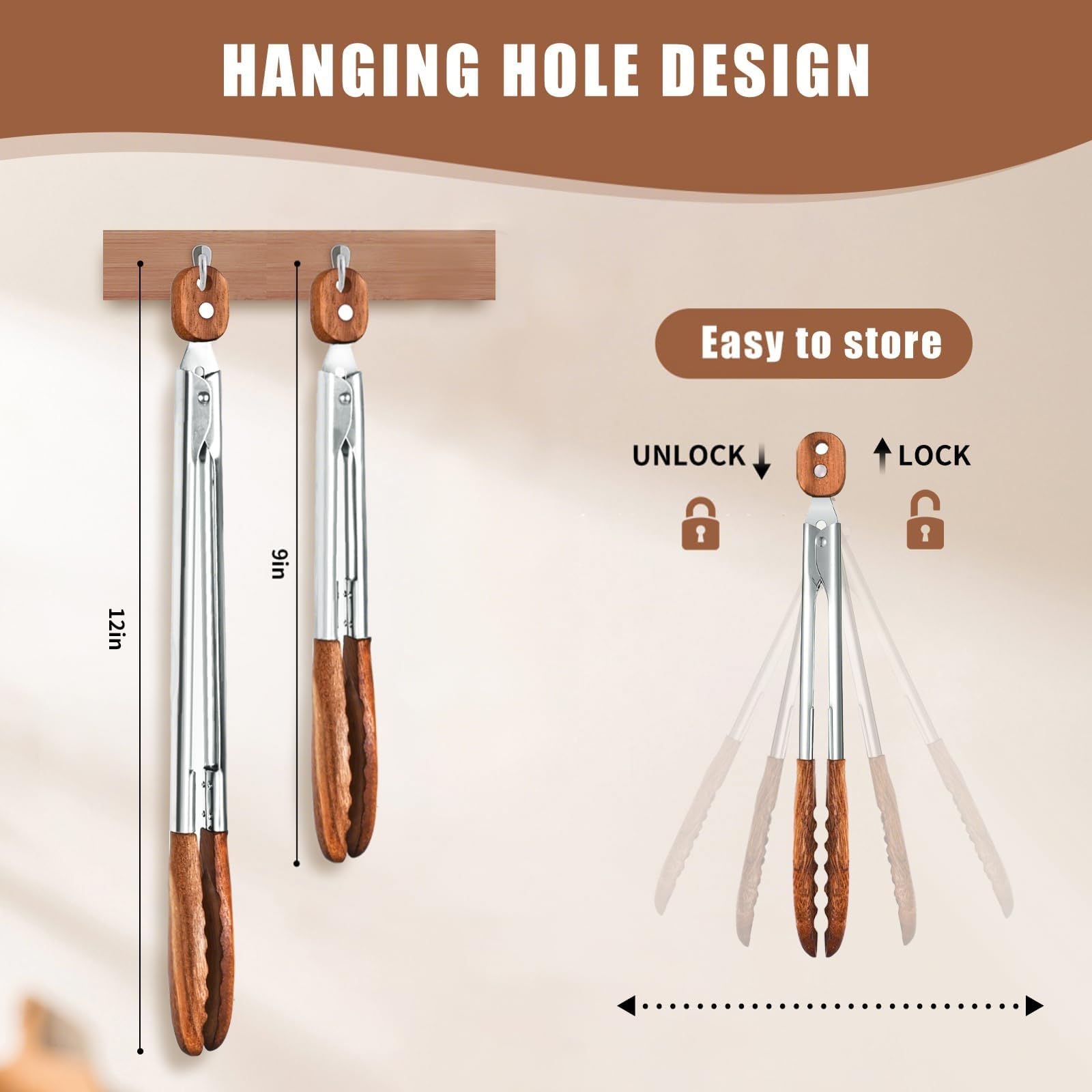 Set di 2 pinze da cucina in legno, resistenti al calore, con impugnatura antiscivolo, utensili per grigliare e servire, in legno di noce naturale con chiusura a scatto, per barbecue e insalate