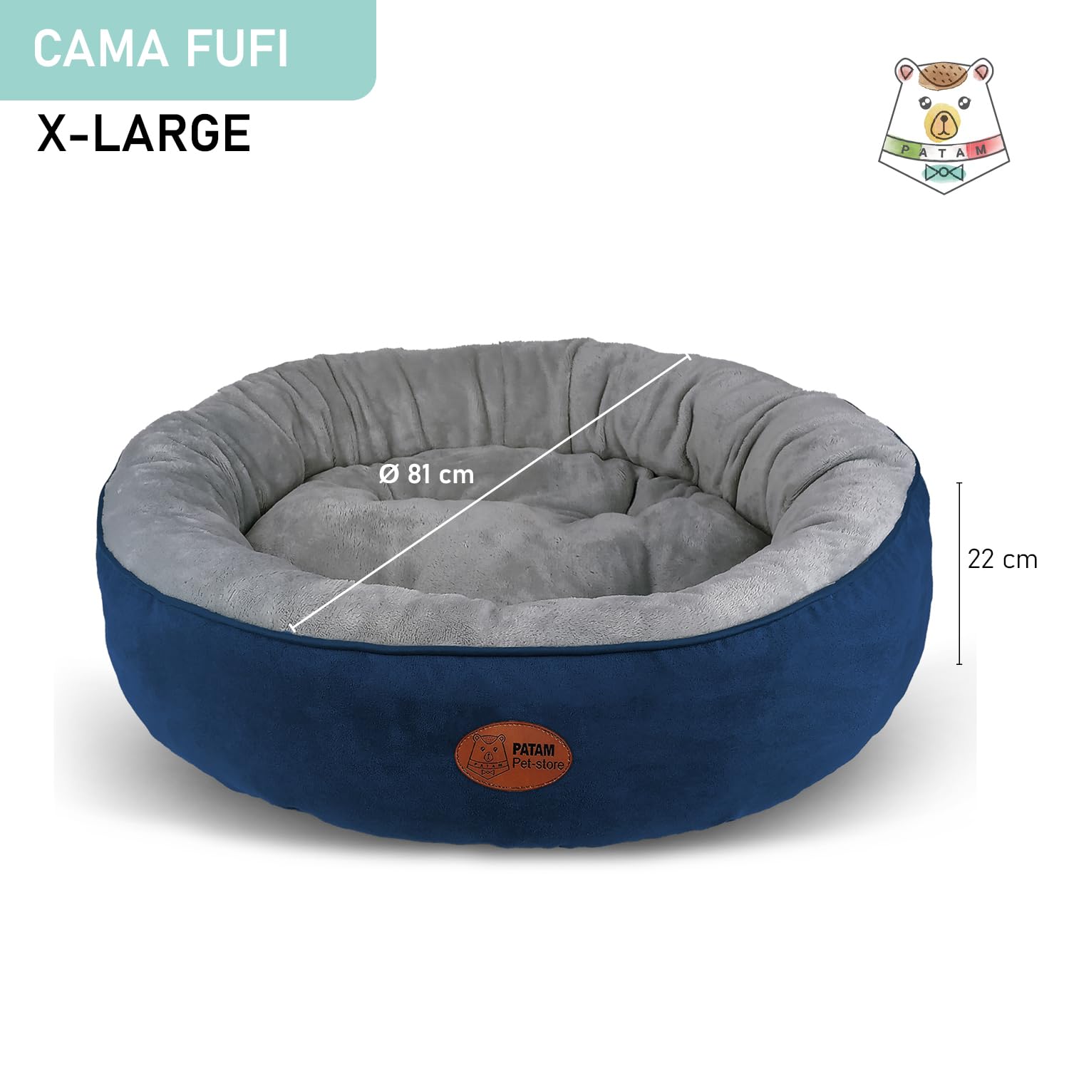 PATAM Cama para Perros y Gatos – Cama Redonda con Bordes Acolchados – Universal para Todas Las Estaciones – Antideslizante, con Funda Lavable a máquina – Fufi Azul, Extra-Large 81 cm