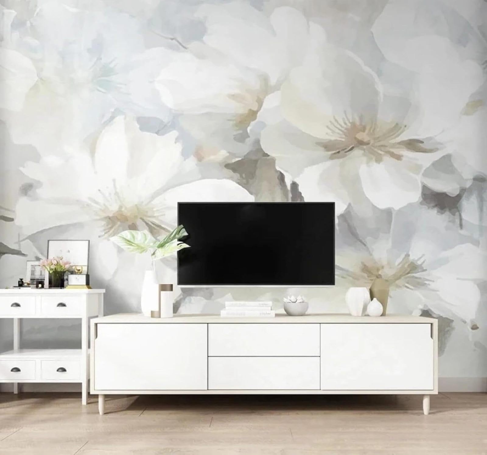 XLMING Exquisite Three Dimensional Hand Drawn White Flowers 3D Wallpaper Silky Texture Home Study Office Grey Dining Room Sofa Bedroom Living Room TV Backdrop-250cm×170cm