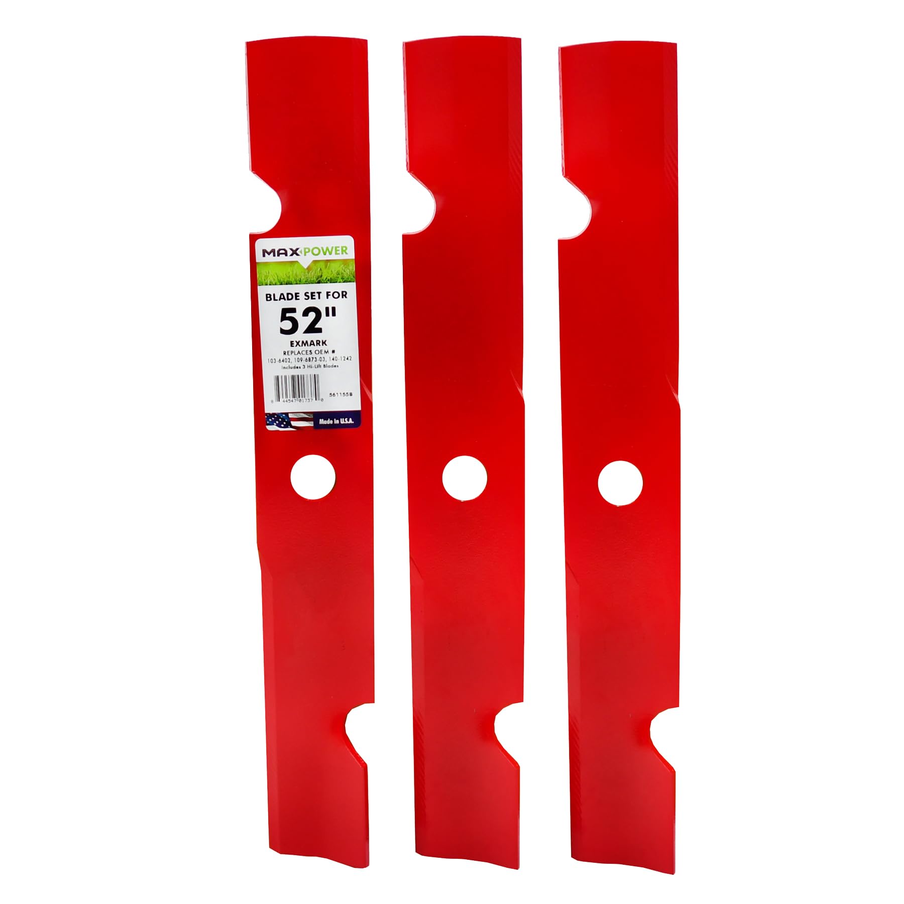 MAXPOWER 561155B - Juego de 3 Cuchillas de Alta elevación para cortacéspedes ExMark y Toro, sustituye a los números OEM 109-6873-03, 140-1242