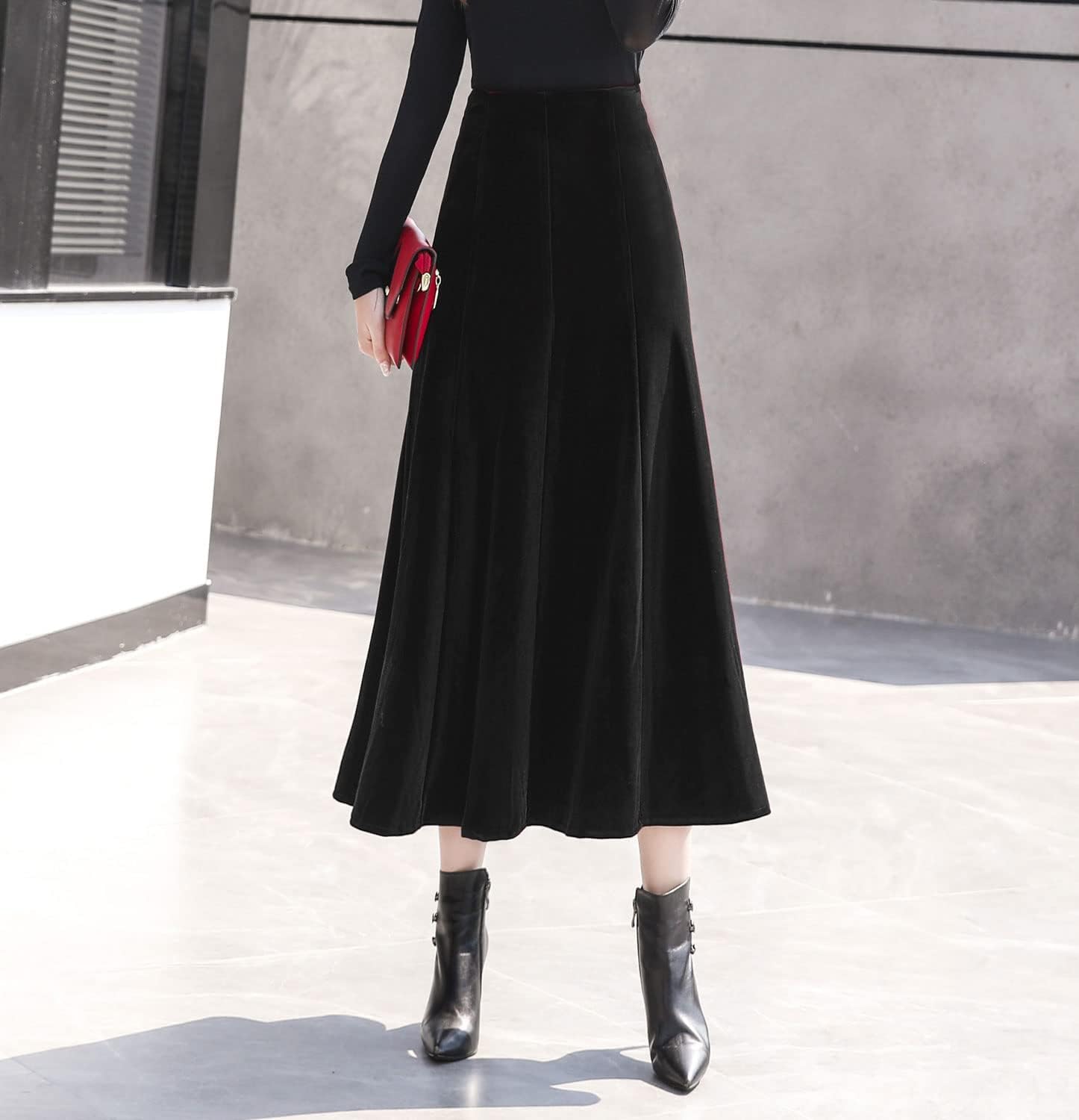 Women's Vintage Velvet High Waist Winter Thicken Pleated A-Line Swing Maxi Skirts - Image 2