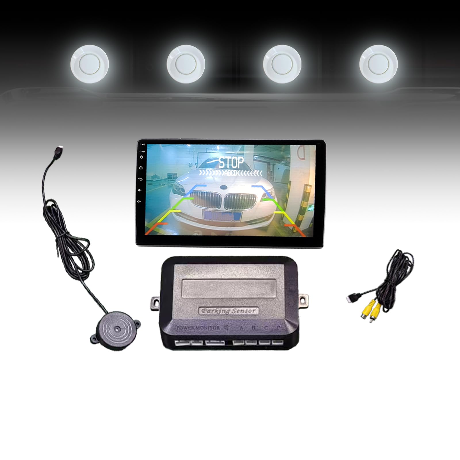 Parking Sensor Kit LCD - Displays Data on Original Screen, Easy Rear Installation, Compatible with CVBS Cameras (Not for AHD), 20 Probe Colors to Match Any Vehicle（White）
