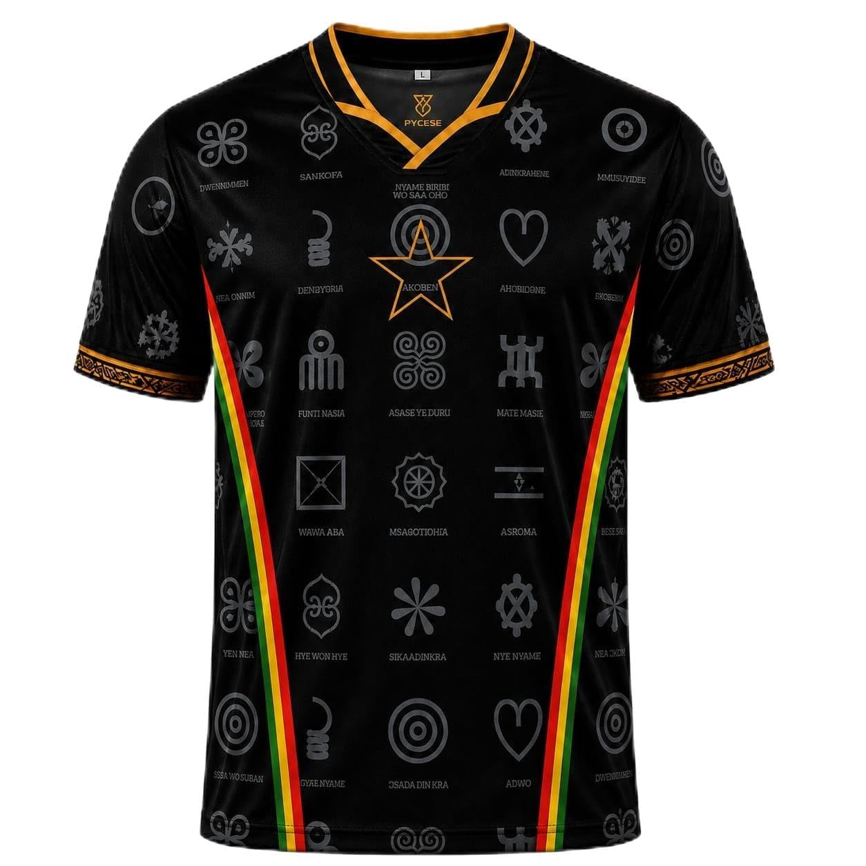 Ghana Golden Black Stars Football Jersey, Black with Adinkra Symbols, Ghana Flag Stripe and Gold Map Detail, Double V-Neck Unisex Adult (UK, Alpha, XL, Regular, Regular)
