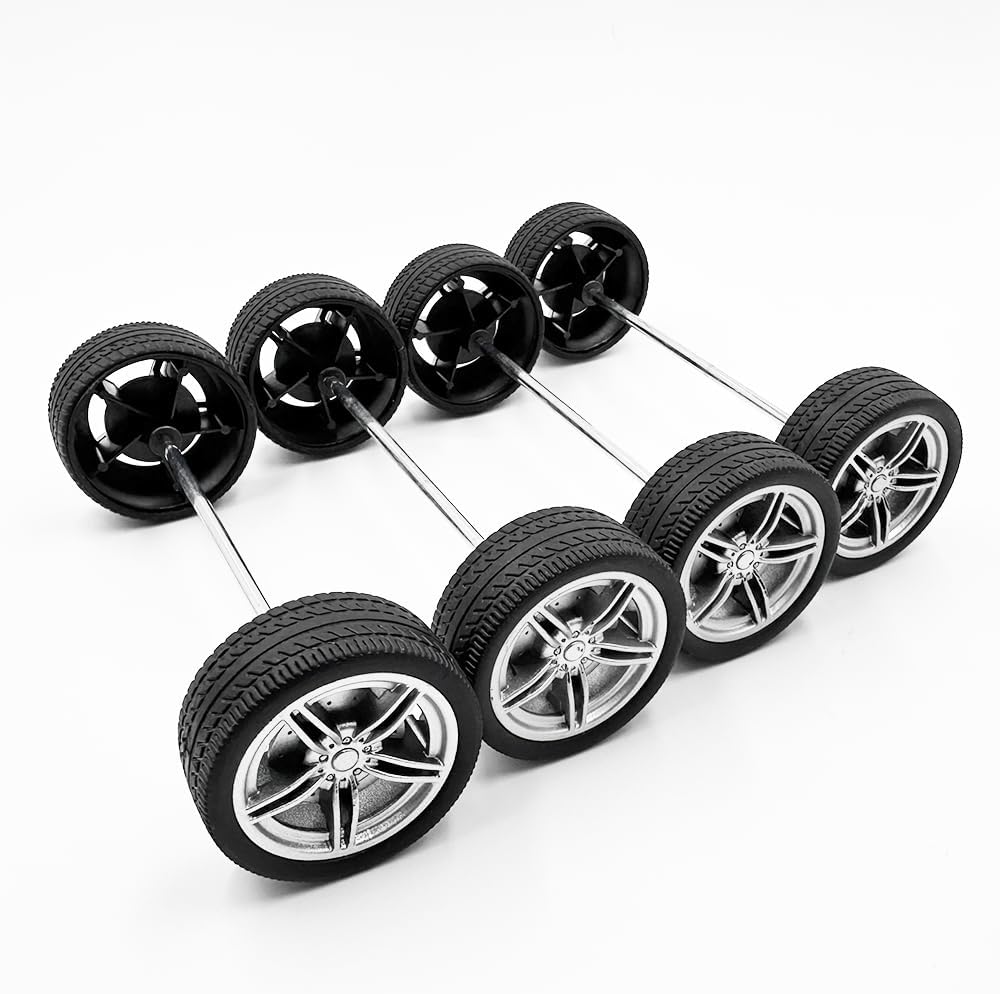 Assembled toy car wheels on metal shafts