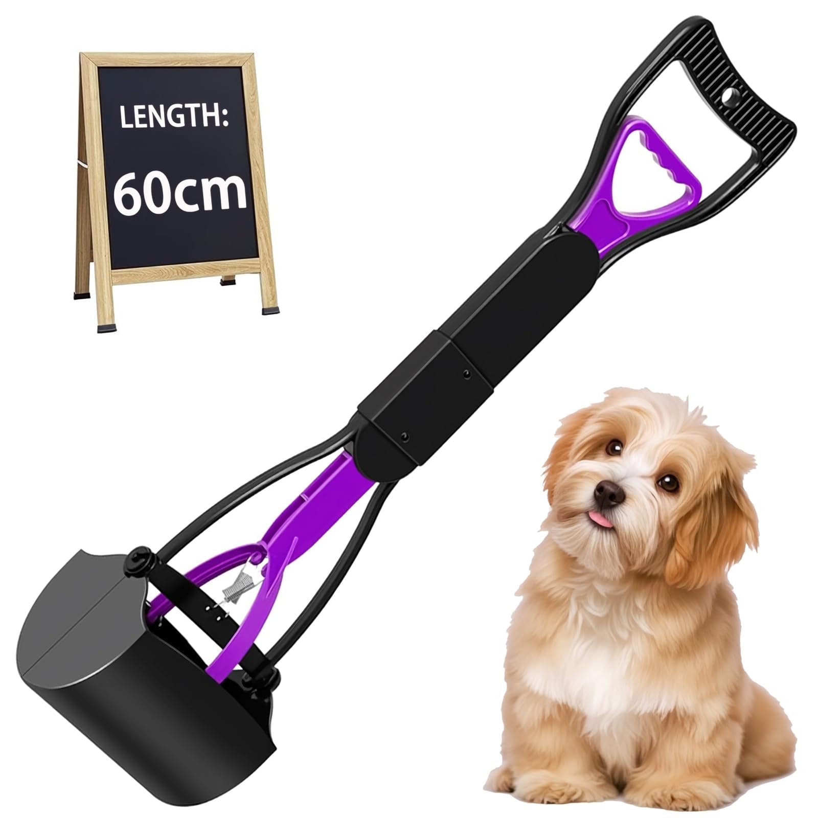 60cm Portable Pet Pooper Scooper for Dogs and Cats, Foldable Dog Poop Scooper for Grass with Long Handle, Dog Poop Waste Pick Up Rake (Purple)