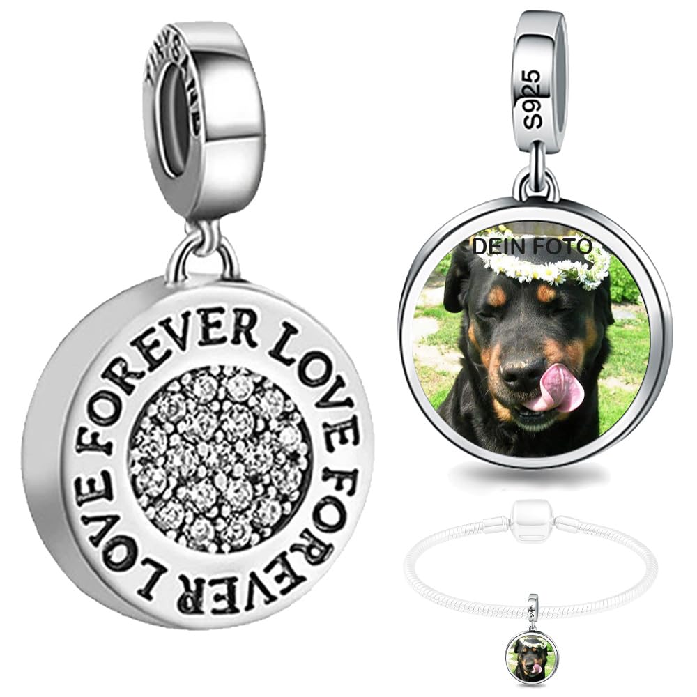 925 Sterling Silber Personalisierter Runder Foto-Charm - Kompatibel mit Pandora Armband & Kette Individuelles Geschenk mit deinem Bild (Forever love)