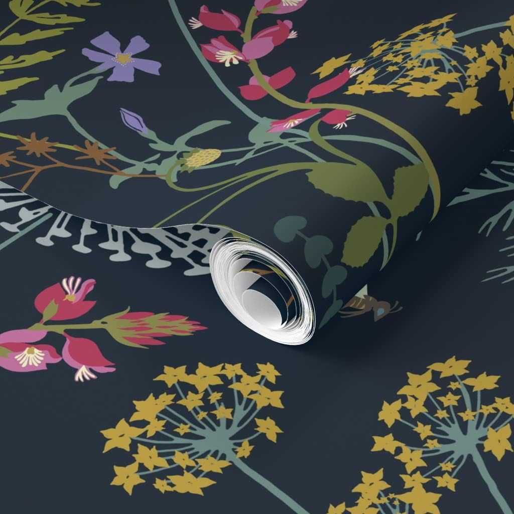 Removable Wallpaper Swatch - Botanical Grasses Honeybees XL Scale Floral Nature Dark Blue Gold Custom Pre-Pasted Wallpaper by Spoonflower