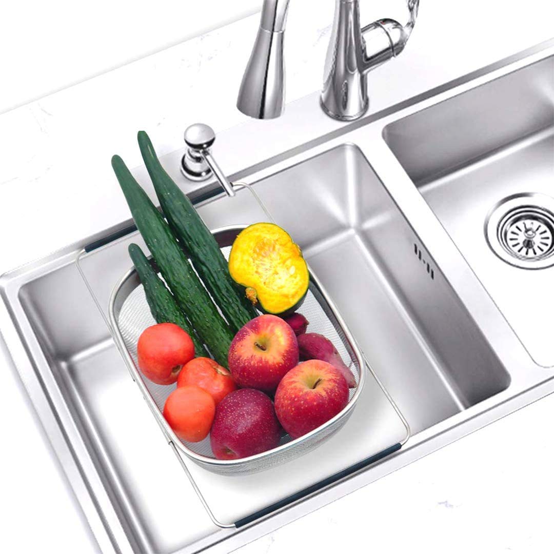 D L D - Colino ovale in acciaio inox di alta qualità con cestello a rete fine da 5,8 litri e manici in gomma espandibili, per scolare, filtrare e sciacquare frutta e verdura (modello Upgrade)